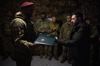 Ukrainian President Volodymyr Zelenskyy is seen awarding servicemen in the frontline city of Pokrovsk, the site of heaviest battles with the Russian troops in the Donetsk region, earlier in November